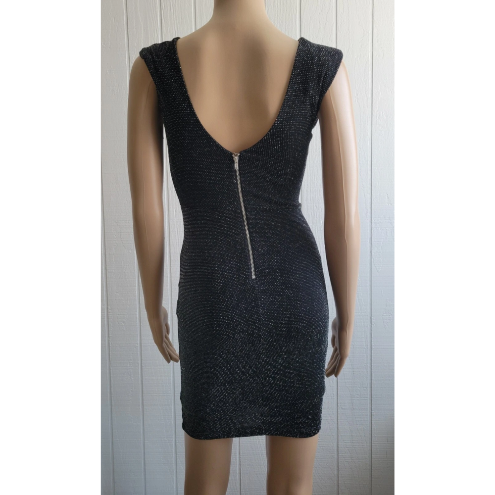 Forever 21 BodyCon Sparkly Dress Black with Silver Tread Lined Stretchy β#056 - Picture 7 of 13